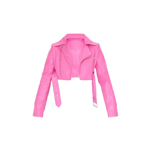 Stylish Women's Breathable Cropped <b>Pink</b> Leather <b>Biker</b> <b>Jacket</b> Trendy Moto Design Belt Long Streetwear Casual Fashion - Product Image 1