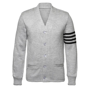 Cardigan en tricot pour homme et femme, col en V, manches longues, rayures contrastées, boutons sur le devant, style classique, toutes saisons, tenue scolaire - Product Image 1