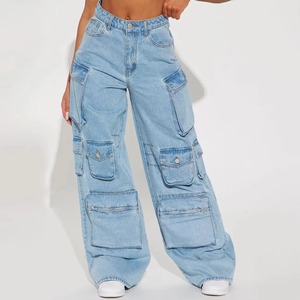 Pantalones Cargo de Mezclilla Azul Claro de Cintura Alta, Corte Holgado, Estilo Utilitario, Tela de Algodón Lavado a la Piedra, para Primavera - Product Image 1