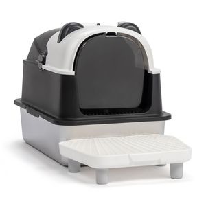 Lettiera per Gatti Grande in Acciaio Inossidabile con Design a Panda e Coperchio Metallico Rimovibile Chiuso - Product Image 2