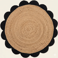 Tapis rond en jute fait main à bordure noire festonnée, tressé naturellement, style bohème et rustique pour salon