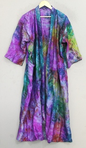 <b>Vintage</b> Floral Silk <b>Kimono</b> Robe Women Woven Wrap V-neck Three-Quarter Sleeve Drawstring Closure Knee-Length Summer Loungewear - Product Image 6