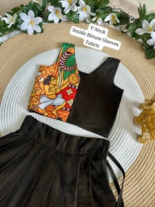 Conjunto de Lehenga Tradicional Negro de Algodón para Niñas con Borde Estampado Colorido, Impresión Digital, Corte Holgado, Largo hasta el Suelo, para Diwal - Product Image 6