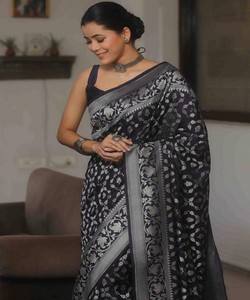 Black Silk Saree With Silver Floral Pattern Traditional Indian Wedding Wear <b>Floor</b>-Length Regular Fit Women's Sari - Product Image 2