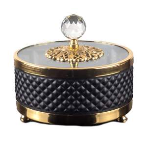 Bol de service à chocolat de luxe noir et or avec couvercle en cristal et finition texturée diamant, élégant récipient décoratif pour bonbons - Product Image 1