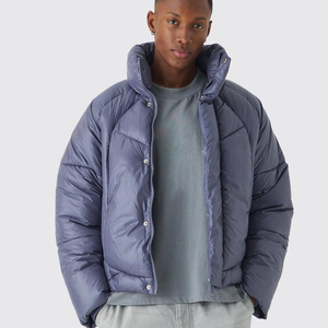 <b>Men's</b> Winter Outdoor Zipper <b>Jacket</b> Custom Logo Quilted Brown Polyester Stand Short Puffer Wholesale <b>Canvas</b> Fabric - Product Image 1