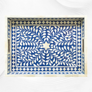 Plateau de service bleu en os incrusté, motif floral vintage, plateau décoratif en bois pour table basse, plateau de vanité écologique en gros - Product Image 6