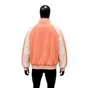 Blouson universitaire décontracté en laine pêche avec fermeture éclair frontale, doublure polaire, coupe régulière, col rabattable, style urbain, vente en gros - Product Image 2