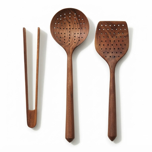 Ensemble d'ustensiles de cuisine en bois de qualité supérieure avec support, cuillères en bois, spatule et cuillère ajourée, outils de cuisine pour la cuisson - Product Image 2