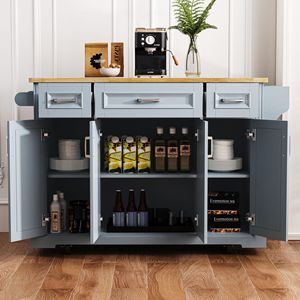 Carrello da Cucina Grande da 54 Pollici con 4 Ante, Texture 3D Goffrata, 4 Ruote, in Legno di Gomma, per Isola Cucina - Product Image 5