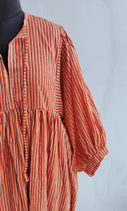 Boho Style Striped Handprint Midi <b>Dress</b> With Tie Neck Puff Sleeve <b>Loose</b> Fit Summer Casual <b>Dress</b> For Women - Product Image 3