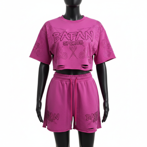 Women GSM Soft Cotton Blend Crop Tee Shorts Set Fuchsia <b>Crystal</b> Stud Heat Press Custom Logo 100% Cotton Crop <b>Top</b> & Shorts Set - Product Image 1