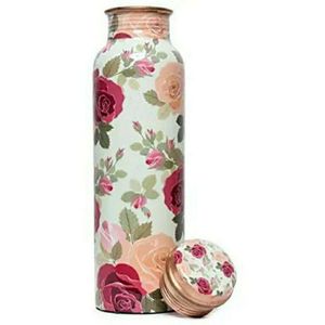 Fabricant de bouteilles en cuivre pur imprimées sur mesure, design élégant de fleurs de rose, récipient à eau en métal étanche pour le fitness, bouteille de bureau - Product Image 1