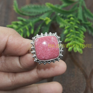 Natural Pink Rhodonite Gemstone Ring Handmade 925 Sterling Silver Vintage Boho Statement Jewelry Cushion Shape Gift for Unisex - Product Image 2