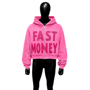 เสื้อฮู้ดซิปสีชมพูสดสำหรับผู้ชาย ลายกราฟิก FAST MONEY ทรงโอเวอร์ไซส์ ผ้าฟลีซ แขนประดับคริสตัล สไตล์สตรีทแวร์ แฟชั่นลำลอง ผ้าเฟรนช์เทอร์รี่ - Product Image 1
