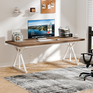 <strong>Rustic</strong> Wood Computer <strong>Desk</strong> with Power Outlets Sturdy X Shaped Metal Frame Large <strong>Office</strong> <strong>Desk</strong> for Home <strong>Office</strong> Gaming - Product Image 2