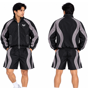 Ensemble tendance coupe-vent et short avec passepoil réfléchissant, en nylon léger patchwork, pour l'été, avec sweats à capuche - Product Image 1