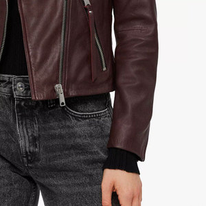 Chaqueta de Motociclista de Cuero Genuino para Mujer, Cuello Camisero, Cierre de Cremallera, Manga Larga, Estilo Otoñal, Color Sólido - Product Image 6