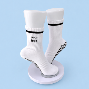 Basic Styles White Crew Non-Slip Yoga <b>Socks</b> with Black Stripe <b>Grip</b> Dot Soles Adults Knitted Cotton Quick Dry Breathable Bottom - Product Image 1
