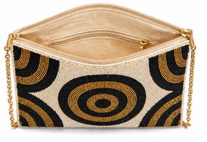 Bolso de mano de noche con cuentas hecho a mano – Diseño geométrico circular en negro y dorado – Elegante bolso de hombro con cuentas – Bolso de mano llamativo con cuentas - Product Image 5