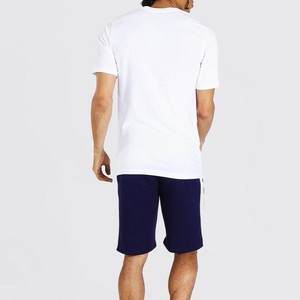 Men's <b>White</b> Short Sleeve O-Neck Knitted Casual <b>T</b>-<b>Shirt</b> With Navy Blue Color Block Contrast Trim Regular Fit Solid Design - Product Image 2