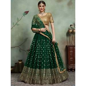 Dark <b>Green</b> Sequin <b>Net</b> Party Wear Lehenga Choli with Dupatta - Product Image 5