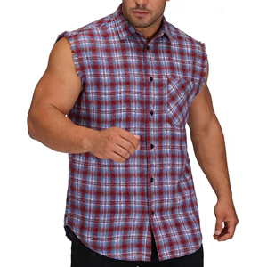 Mens Sleeveless Plaid Flannel Shirt Frayed Armhole Casual Button <b>Down</b> Muscle Fit Cotton Check 300g - Product Image 5