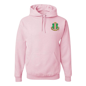   เสื้อฮู้ดมีปักตราสัญลักษณ์ Crest Shield ผ้าฟลีซพรีเมียม เสื้อฮู้ดแบบสวมหัว สั่งทำได้ตามแบบ ชุดนักเรียนหญิงกรีก สีชมพูอ่อน - Product Image 1