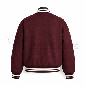 Chaqueta Universitaria Personalizada de Gamuza Borgoña, Chaqueta de Béisbol Premium Tipo Letterman, Fabricante de Marca Privada OEM - Product Image 2