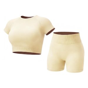 Ensemble de yoga 2 pièces violet, haut court à col rond, short taille haute, sans couture, couleur unie, spandex, polyester - Product Image 5