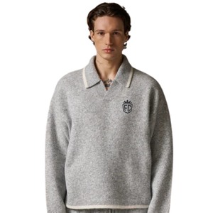 Pull en maille pour homme, gris, manches longues, col boutonné texturé, pull décontracté d'hiver, mélange de coton - Product Image 3