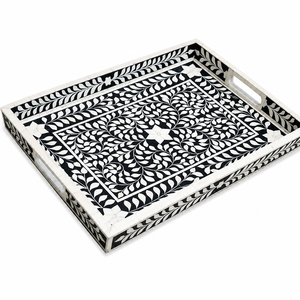 Plateau décoratif vintage en nacre florale, incrustation de luxe noire et blanche en os, vente en gros pour la maison et l'hôtellerie - Product Image 1