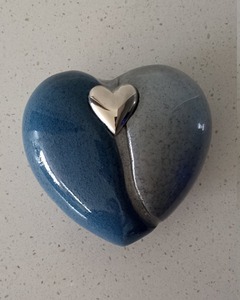 Blue Gray Ceramic With Silver Heart Accent Adult <b>Memorial</b> <b>Keepsake</b> Custom Design Heart Shaped Cremation Urn For Human Ashes - Product Image 1