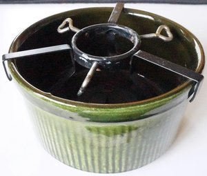 Green medium size Christmas <b>tree</b> <b>stand</b> / planter. Waku West Germany. Metal holder. Vintage mid century pottery. Original - Product Image 3