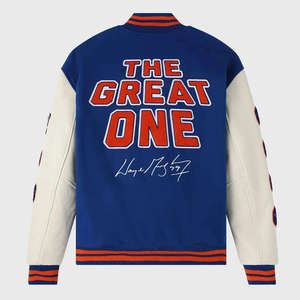 Chaqueta Bomber Universitaria Gretzky OVO Great One Letterman Vintage con Cierre Completo, Cuerpo de Lana, Mangas de Cuero Genuino, Talla Grande, Tejida - Product Image 2