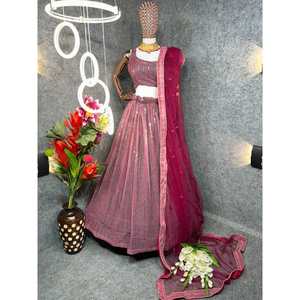 ORGANZA A LA MODA CRUSTED MOONLIGHT METALLIC KNIT PLISADO LEHENGA CHOLI CON DUPATTA PEACH - Product Image 1
