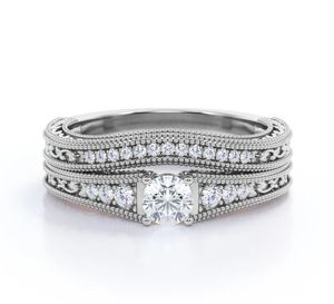 Ensemble de bagues de mariage et de fiançailles en argent 925 plaqué or rose, serti de moissanite à taille profilée et à griffes, style filigrane vintage, 0,8 carat, courbé - Product Image 1