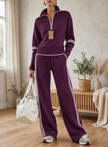 Conjunto Deportivo Oneten para Mujer, Color Granate, con Cierre de Cremallera, 2 en 1, Cuello Alto, Top de Manga Larga a Rayas y Pantalones Anchos - Product Image 6