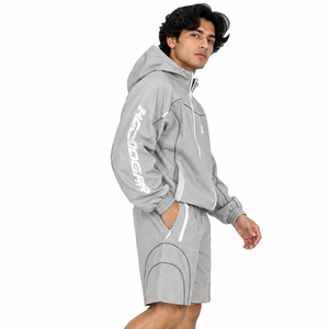 Custom Logo Lightweight Gray Windbreaker Track Suit <b>Men</b> Contrast Piping Hooded <b>Jacket</b> & Shorts 2 Piece Outfit Streetwear <b>Jackets</b> - Product Image 3