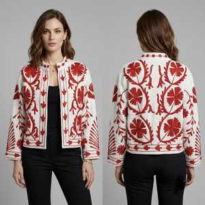 Chaqueta Corta de Mujer Hastkala, Bordada a Mano con Diseño Floral, 100% Algodón Tejido, Cuello Mandarín, Manga Larga, Estilo Boho, Otoño - Product Image 3