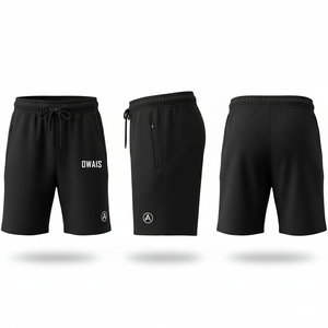 Shorts Bermuda pour homme en noir avec cordon de serrage, poches, respirants, décontractés, vêtements de sport, logo imprimé sur le devant - Product Image 1