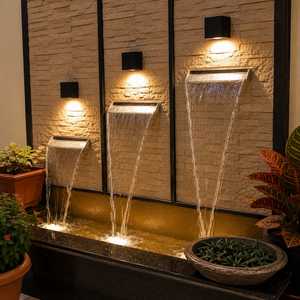 Fontaine murale rectangulaire moderne d'intérieur à triple cascade, style aquarium LED, finition en pierre polie pour villa - Product Image 3