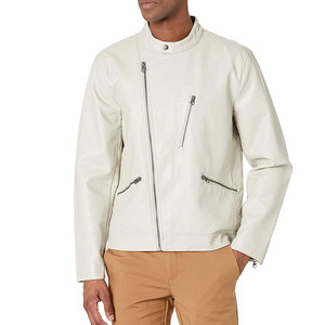Chaqueta de Motociclista de Cuero Vacuno Crema para Hombre, Cuello Alto, Cierre de Cremallera, Corte Ajustado, Manga Regular, Color Sólido, para Otoño - Product Image 1
