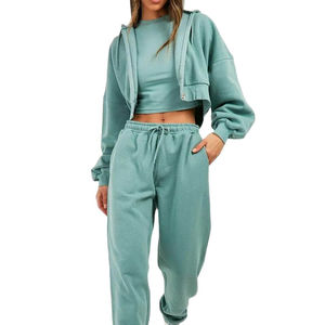 Ensemble de survêtement d'hiver uni personnalisé avec crop top décontracté, ensemble deux pièces avec sweat à capuche zippé et pantalon de jogging - Product Image 1