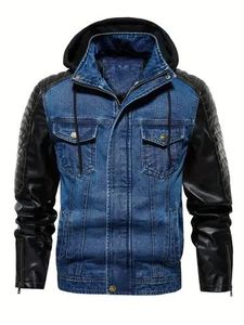 Veste en jean pour homme avec manches en cuir, fermeture éclair à capuche, style décontracté automne, tissu bleu délavé, coupe ajustée - Product Image 1