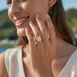 Anillo de Compromiso y Boda Solitario de Plata de Ley 925 con Moissanita Corte Esmeralda y Engaste de Garras Chapado en Oro - Product Image 4