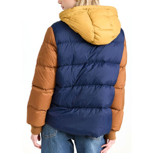 Unisex Color Blocking Hooded Puffer <b>Jacket</b> With Patch Design Regular Length Winter Casual Wear <b>Thick</b> Polyester Filling - Product Image 2