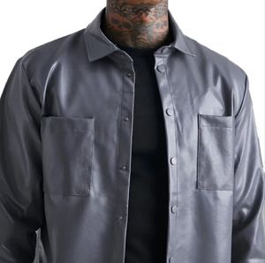 Classic Style Genuine Leather <b>Button</b> <b>Up</b> Casual Men’s Shirts <b>Short</b> <b>Sleeve</b> Breathable PU Leather Modern Loose Fit Solid Pattern - Product Image 3