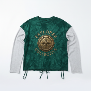 เสื้อครอปแขนยาวลายไท-ได ยี่ห้อ Explorer Collective สำหรับผู้ชาย สไตล์ลำลอง คอกลม ผ้าถัก แต่งขอบตัดสี พร้อมโลโก้ด้านหน้า - Product Image 1