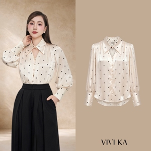 เสื้อเบลาส์ผู้หญิง แขนยาว ลายจุด ผ้าซาติน คอปกแบบพับได้ สไตล์เรียบหรู ดูเป็นผู้หญิง เหมาะสำหรับใส่ทำงานหรือลำลอง ฤดูใบไม้ผลิ/ฤดูร้อน ยี่ห้อ BETTY - Product Image 1